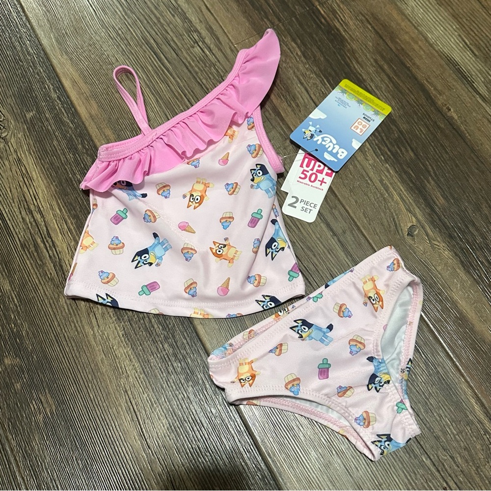 BLUEY pink  2-piece swimsuit baby toddler girls 18 mo NWT Ruffle UPF 50+